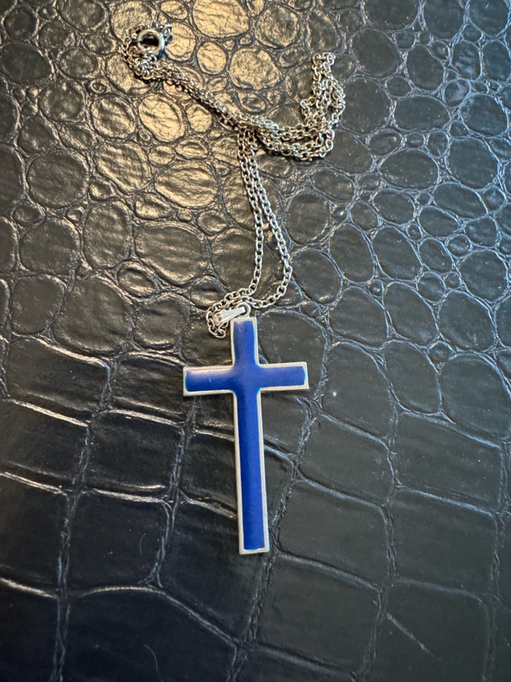 Blue Cross Pendant Necklace - Silver tone Chain